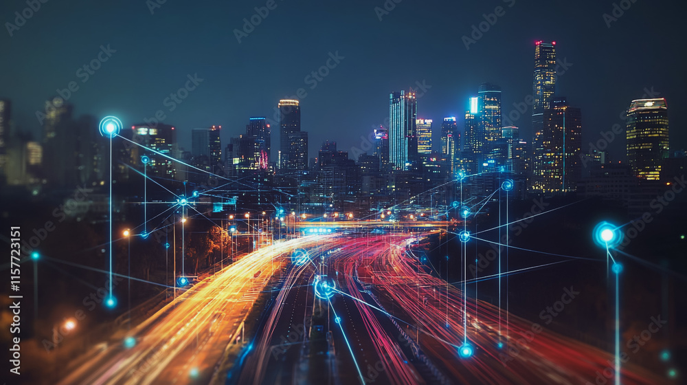 Fototapeta premium Smart digital Innovation city with connection network reciprocity over the cityscape. of future smart wireless digital city and social media networking systems that connects people with in city