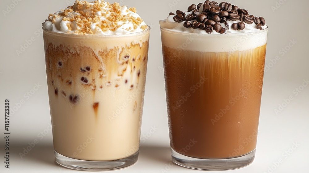Two iced coffee drinks; one with whipped cream and graham cracker crumbs, the other with whipped cream and coffee beans. Two iced coffee drinks; one with whipped cream and graham cracker crumbs, the other with whipped cream and coffee beans.