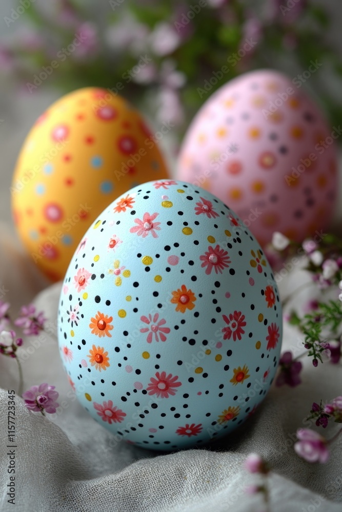 Obraz premium Three painted Easter eggs arranged on a cloth, perfect for spring and Easter themed projects