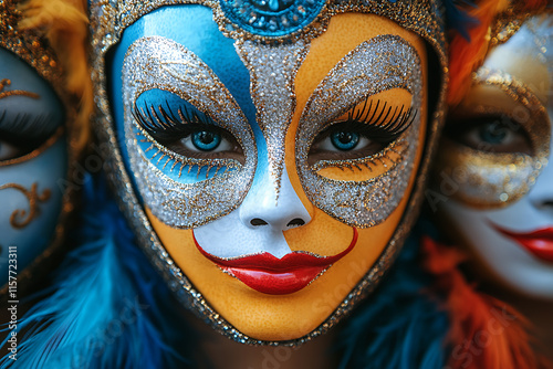 intricately designed carnival masks with glitter, feathers, and bright colors, symbolizing festive traditions and elegance photo