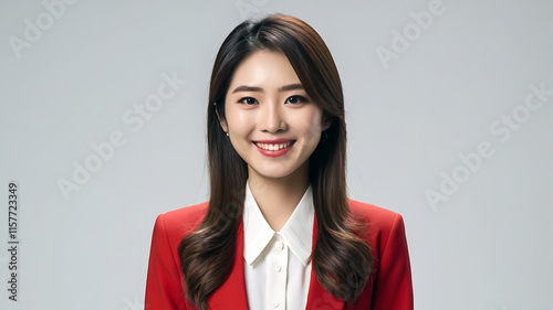 portrait of a japanese professional woman tv news presenter, long hair, smiling front camera wearing formal red suits on a white background ai generate