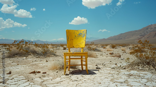 surreal image of a yellow chair placed in the middle of the empty desert landscape
