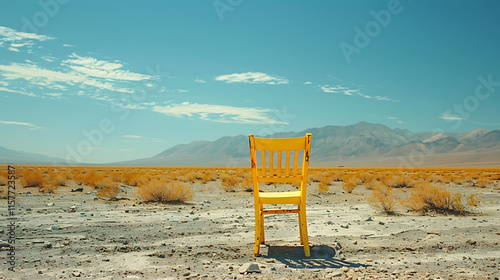 vibrant yellow chair isolated in the vast desert landscape with sandy surroundings
