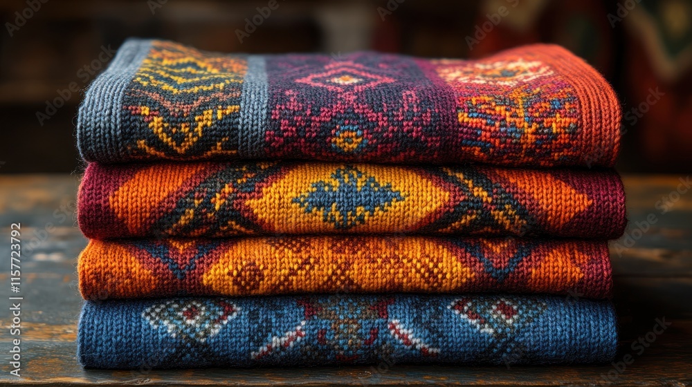 A stack of colorful woven textiles showcasing intricate patterns and vibrant hues. A stack of colorful woven textiles showcasing intricate patterns and vibrant hues.