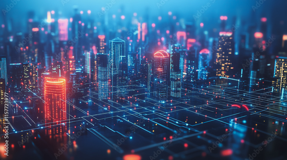 Fototapeta premium Smart digital Innovation city with connection network reciprocity over the cityscape. of future smart wireless digital city and social media networking systems that connects people with in city