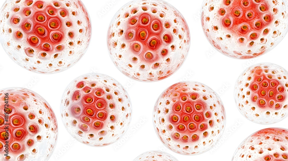 Microscopic view of red, translucent spheres with textured surfaces. Each sphere contains smaller, clustered red elements. Isolated on white background. Microscopic view of red, translucent spheres with textured surfaces. Each sphere contains smaller, clustered red elements. Isolated on white background.