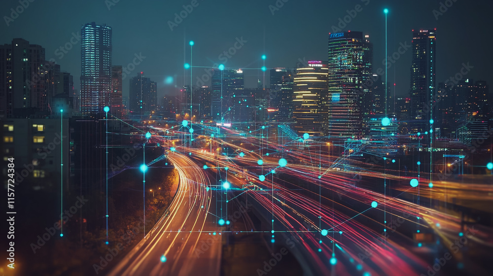 Smart digital Innovation city with connection network reciprocity over the cityscape. of future smart wireless digital city and social media networking systems that connects people with in city