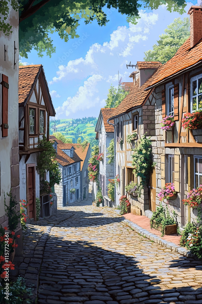 Fototapeta premium charming European village street with cobblestone paths and flower adorned houses, evoking nostalgia and tranquility
