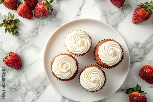 High-definition 4K realistic food photography of a plate of cupcakes with flat cream and strawberry granules on white porcelain plate against marble table, kitchen in the background photo