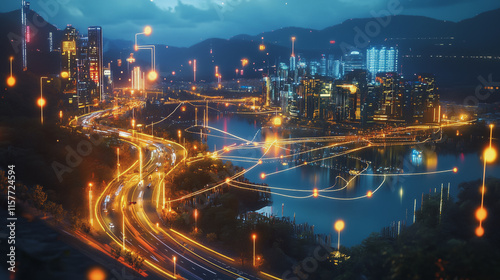 Wallpaper Mural Smart digital Innovation city with connection network reciprocity over the cityscape. of future smart wireless digital city and social media networking systems that connects people with in city Torontodigital.ca