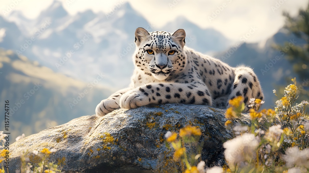 Fototapeta premium Snow Leopard Resting in a Sunlit Landscape