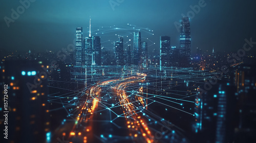 Wallpaper Mural Smart digital Innovation city with connection network reciprocity over the cityscape. of future smart wireless digital city and social media networking systems that connects people with in city Torontodigital.ca