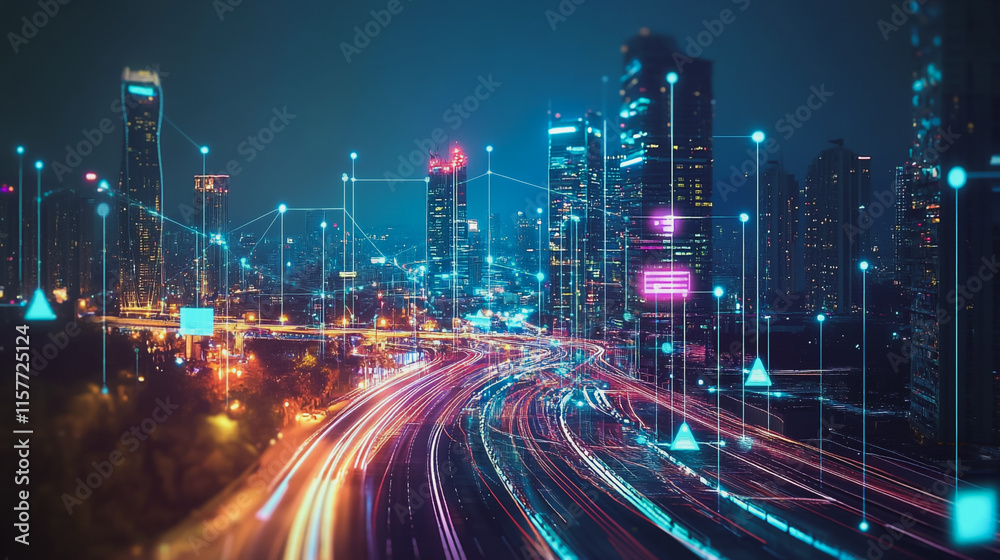 Smart digital Innovation city with connection network reciprocity over the cityscape. of future smart wireless digital city and social media networking systems that connects people with in city Smart digital Innovation city with connection network reciprocity over the cityscape. of future smart wireless digital city and social media networking systems that connects people with in city