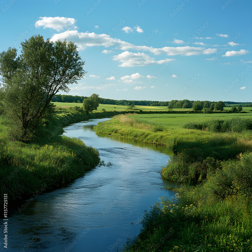 Tranquil River Meandering Through Endless Green Fields on a Bright Sunny Day Tranquil River Meandering Through Endless Green Fields on a Bright Sunny Day
