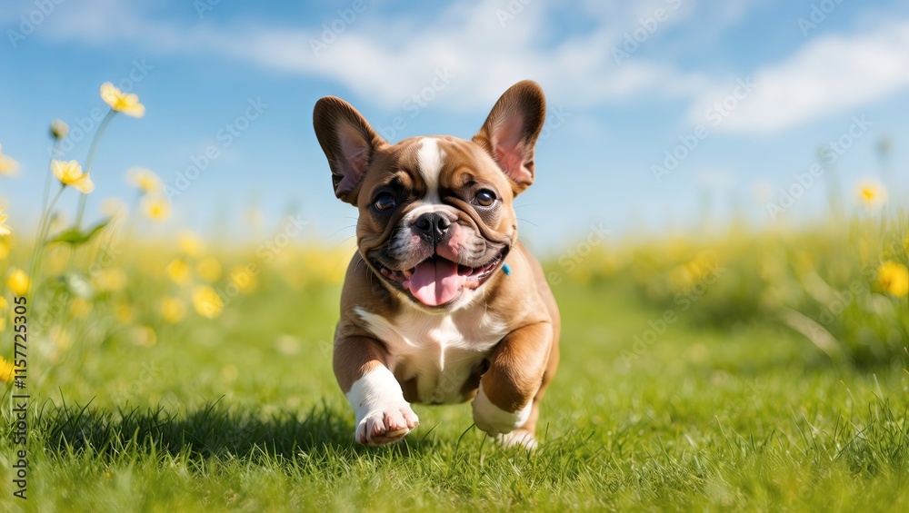 Happy French Bulldog puppy runs joyfully through a sunny flower-filled field Happy French Bulldog puppy runs joyfully through a sunny flower-filled field