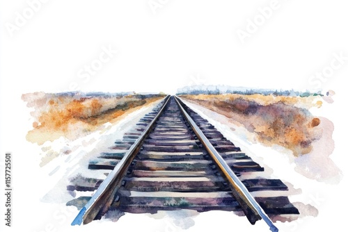 Watercolor painting of a train track with rustic scenery