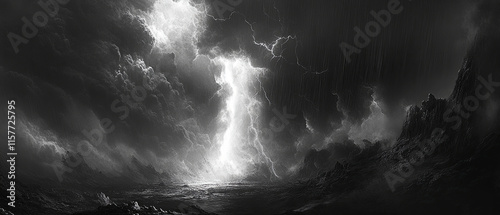 Ominous thunderstorm with dark clouds and lightning illuminating sky