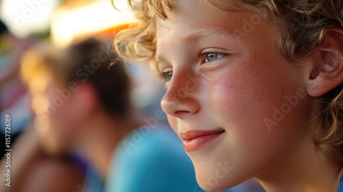 A young boy's face with distinctive freckles, great for family or childhood related projects photo