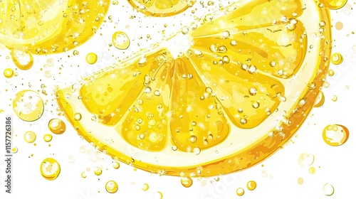 Close-up of juicy lemon slices submerged in sparkling water, with bubbles and droplets.
