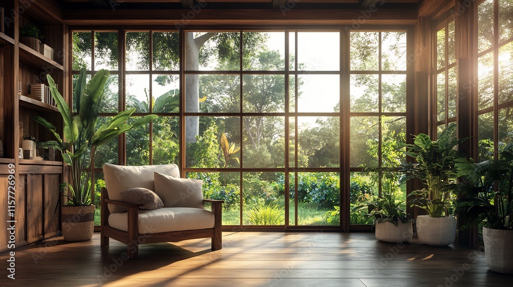 Fototapeta premium Serene Sunlit Room: 3D Rendered Interior Design Illustration, Warm Minimalist Style. AI Generated