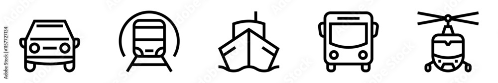 Transportation icon set. Means of land, sea and air transportation. Car, train, boat, bus, helicopter Transportation icon set. Means of land, sea and air transportation. Car, train, boat, bus, helicopter
