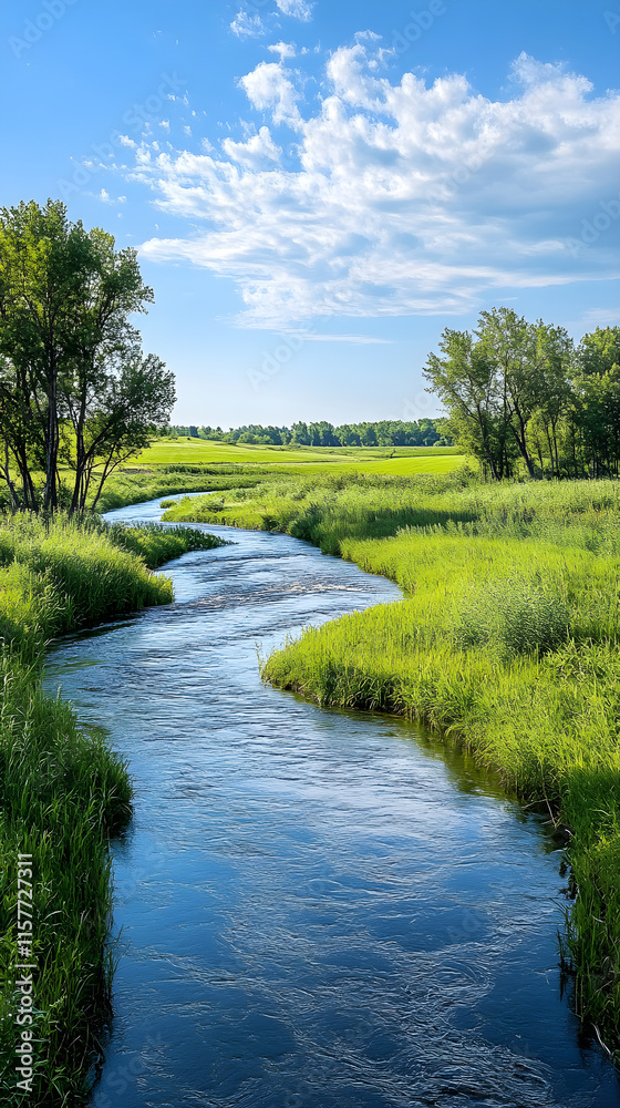 Tranquil River Meandering Through Endless Green Fields on a Bright Sunny Day Tranquil River Meandering Through Endless Green Fields on a Bright Sunny Day