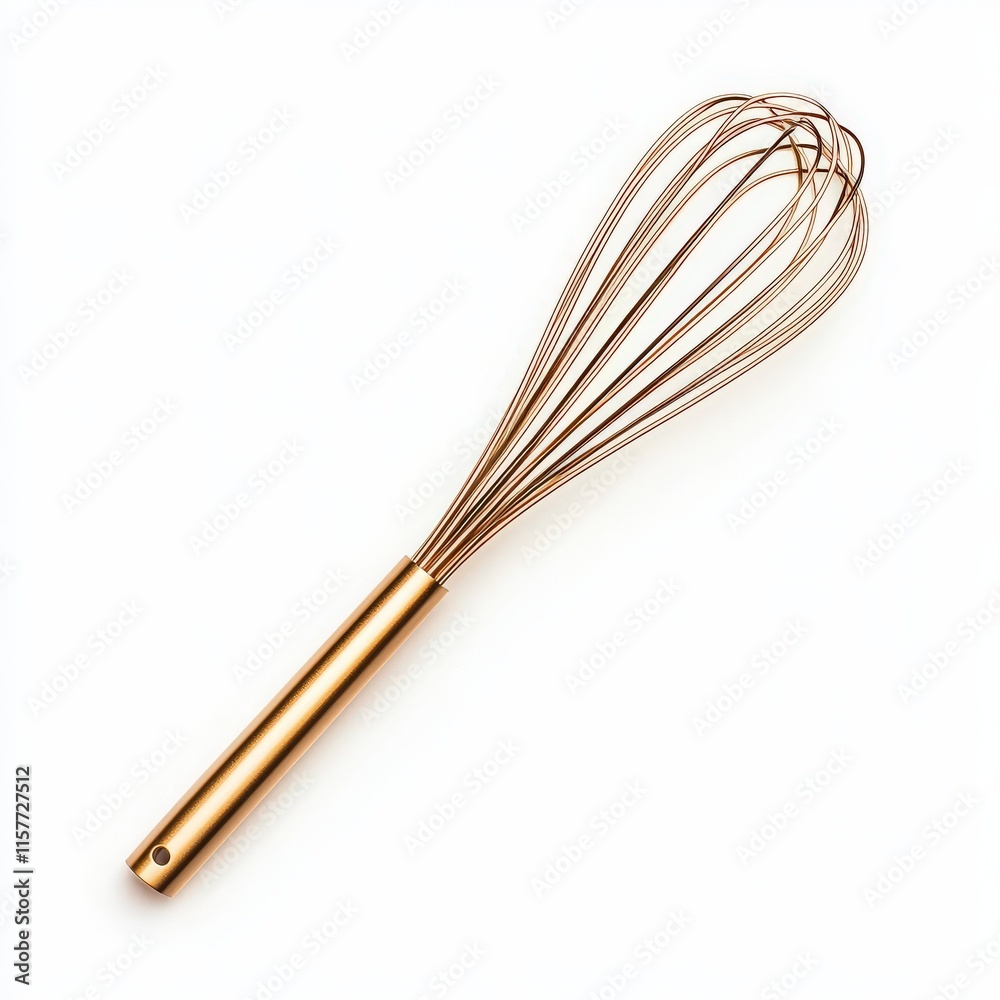 A close up of a sleek gold whisk isolated on white background perfect for baking and cooking enthusiasts. A close up of a sleek gold whisk isolated on white background perfect for baking and cooking enthusiasts.