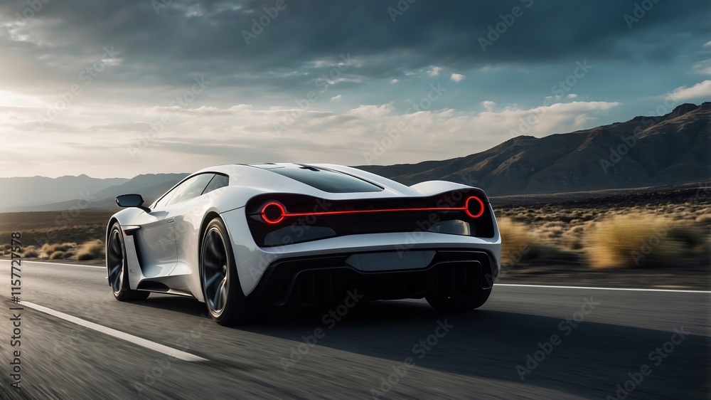 Sleek sports car cruising along an open road during sunset in a mountainous region Sleek sports car cruising along an open road during sunset in a mountainous region