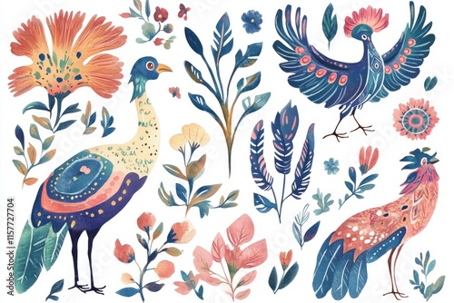 A serene scene featuring birds and flowers on a clean white background, ideal for use in editorial or commercial contexts