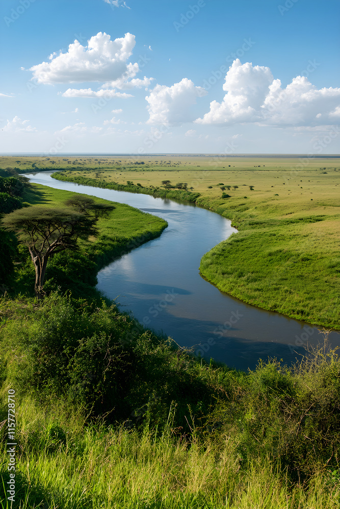 Tranquil River Meandering Through Endless Green Fields on a Bright Sunny Day Tranquil River Meandering Through Endless Green Fields on a Bright Sunny Day
