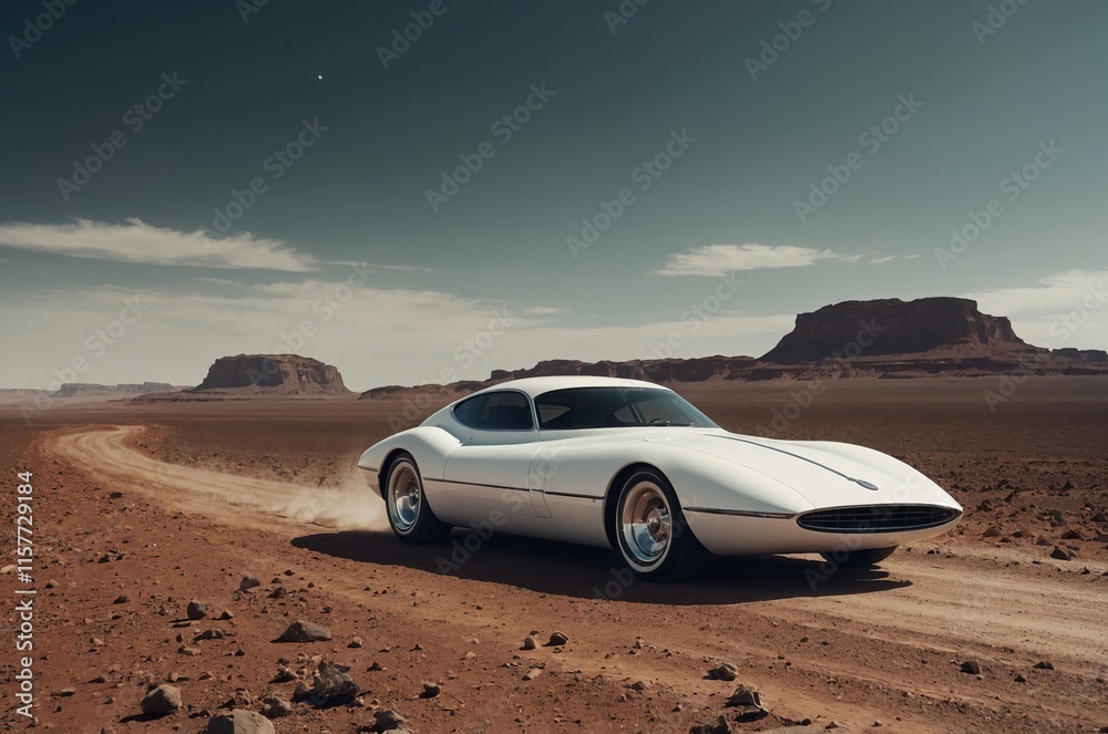 Unique futuristic car drives through arid landscape under clear sky Unique futuristic car drives through arid landscape under clear sky
