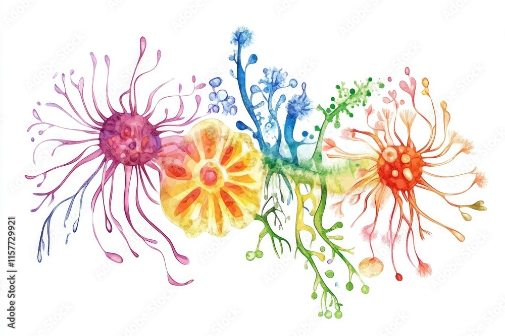 A colorful arrangement of various flowers depicted in a soft, watercolor style A colorful arrangement of various flowers depicted in a soft, watercolor style
