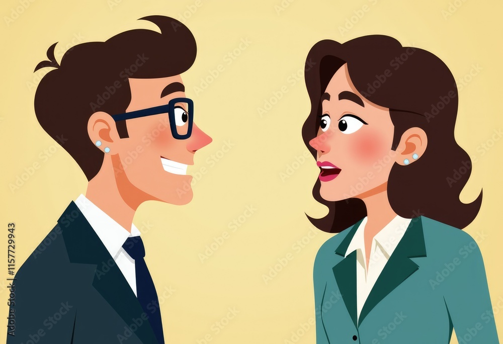 A man and a woman in business attire are engaged in a conversation. A man and a woman in business attire are engaged in a conversation.
