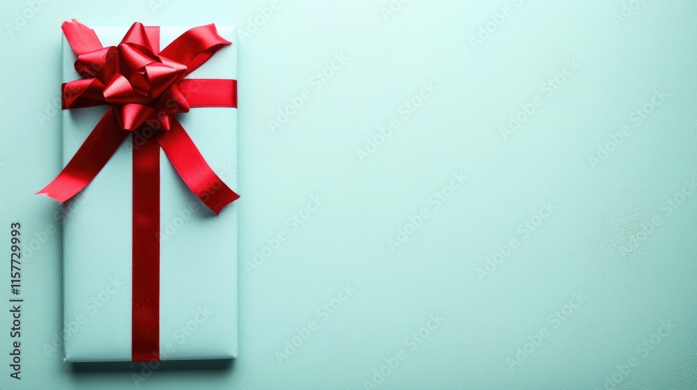 Top View Blank Gift Card with Red Bow on Light Blue Background. Ideal for Anniversary, Birthday, and Celebration Events with Space for Text. Top View Blank Gift Card with Red Bow on Light Blue Background. Ideal for Anniversary, Birthday, and Celebration Events with Space for Text.
