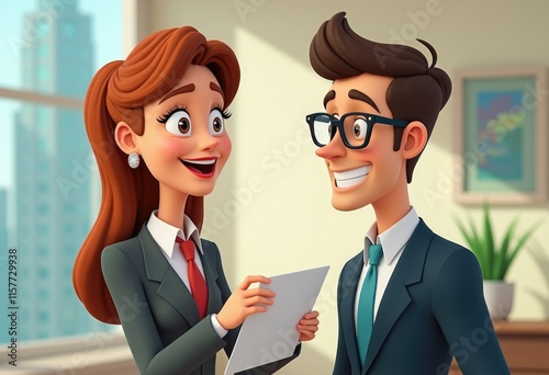 Two cartoon businesspeople, a woman in a red tie and a man in a blue tie, are discussing a document.
