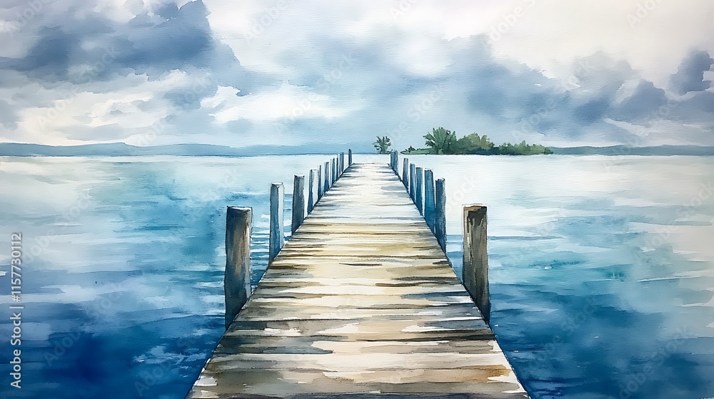 Fototapeta premium Serene Watercolor Illustration: Tranquil Wooden Pier Extending Towards Distant Isle Under Cloudy Sky. AI Generated