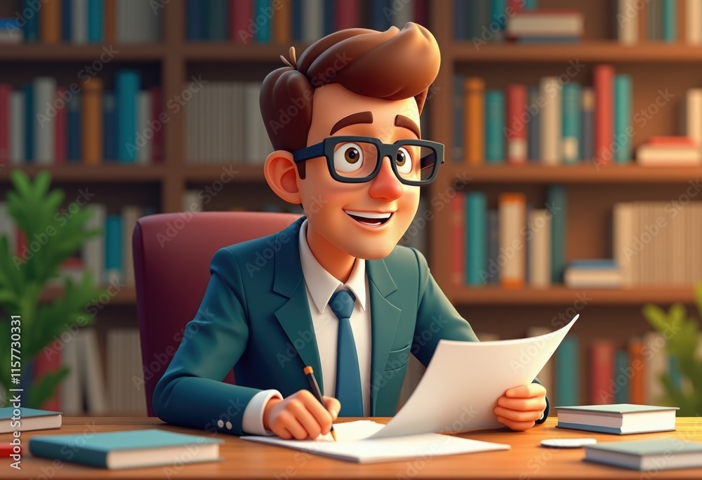 A 3D cartoon man with glasses sits at a desk in a library, smiling and writing on a paper. A 3D cartoon man with glasses sits at a desk in a library, smiling and writing on a paper.