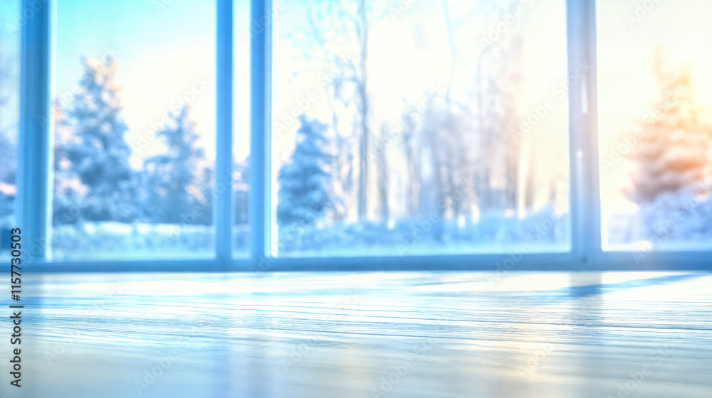 Fototapeta premium Interior bright room with large window, view winter forest. Sunlight modern living space, comfortable furniture white floor, blue sky background. Snowy nature, contemporary home