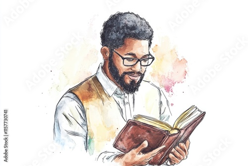 A person sitting and reading a book while wearing glasses, great for education or study themes