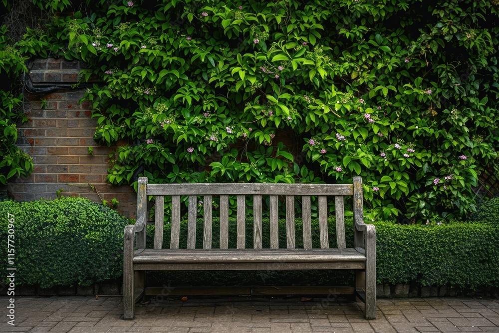 Tranquil Garden Bench in English Courtyard with Copy Space Tranquil Garden Bench in English Courtyard with Copy Space