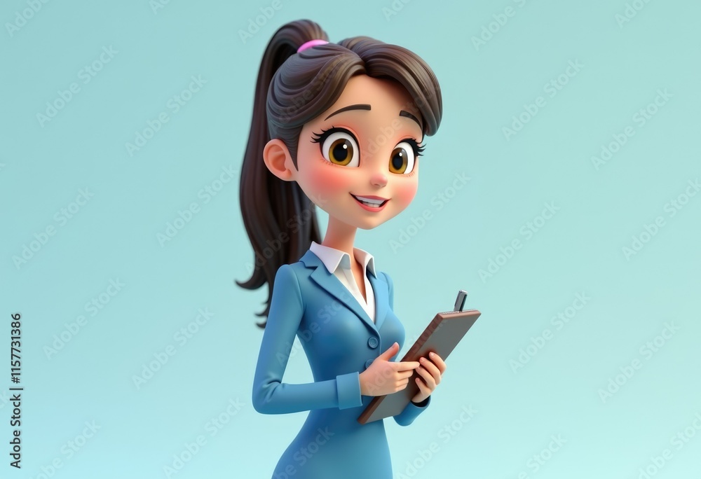 A 3D cartoon woman with brown hair and a blue suit holding a clipboard. A 3D cartoon woman with brown hair and a blue suit holding a clipboard.