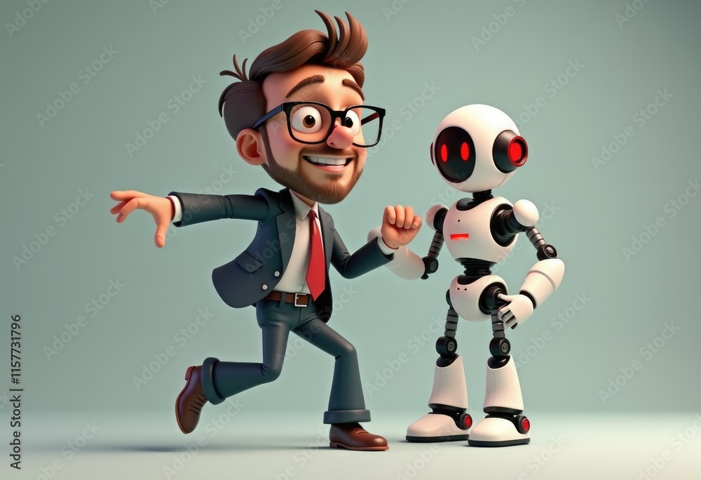 A cartoon businessman in a suit runs past a white robot with red eyes. A cartoon businessman in a suit runs past a white robot with red eyes.