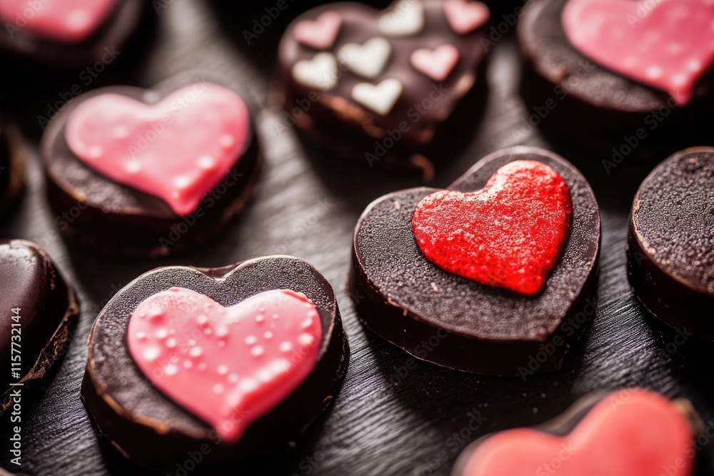 Obraz premium Close-up shot of multiple chocolate hearts on a table, perfect for food or gift-related themes