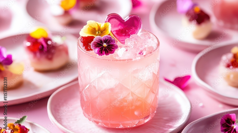Pink Cocktail with Edible Flowers and Heart-Shaped Ice Cube, Surrounded by Valentine’s Appetizers, Creative Party Food Display Pink Cocktail with Edible Flowers and Heart-Shaped Ice Cube, Surrounded by Valentine’s Appetizers, Creative Party Food Display