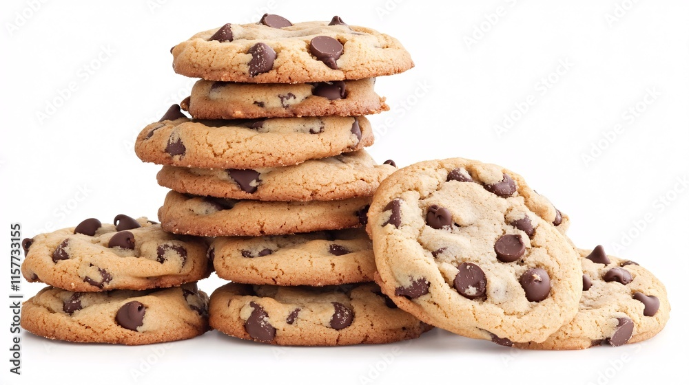 Delicious stacked chocolate chip cookies on a white background.
