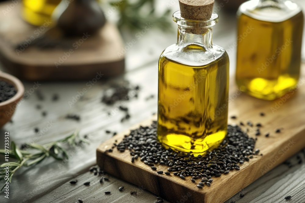 A wooden cutting board featuring a bottle of olive oil, perfect for use in the kitchen or as a decorative piece A wooden cutting board featuring a bottle of olive oil, perfect for use in the kitchen or as a decorative piece