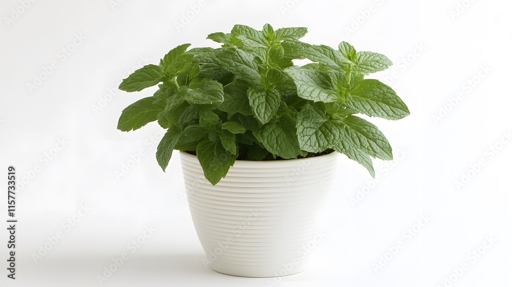 A lush mint plant thrives in a simple white pot, set against a clean white background. The vibrant green leaves are healthy and full, suggesting freshness and vitality. A lush mint plant thrives in a simple white pot, set against a clean white background. The vibrant green leaves are healthy and full, suggesting freshness and vitality.
