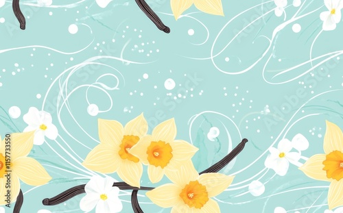 Colorful floral design featuring yellow daffodils and white blossoms on a turquoise background photo