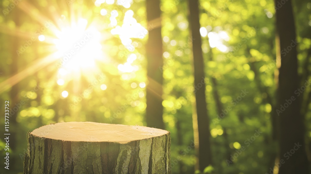 Naklejka premium Sunlight Filtering Through Trees with a Focus on a Tree Stump in Nature
