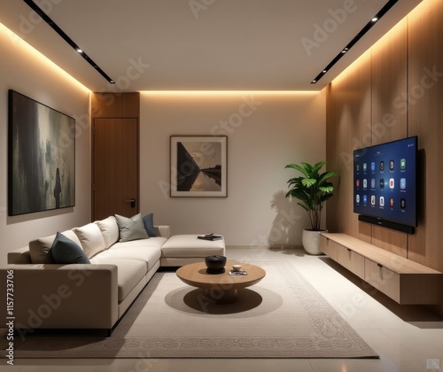 Luxury Minimalist Living Room with Smart Tech. Perfect for promoting smart home devices, modern interior designs, or premium lifestyle brands photo